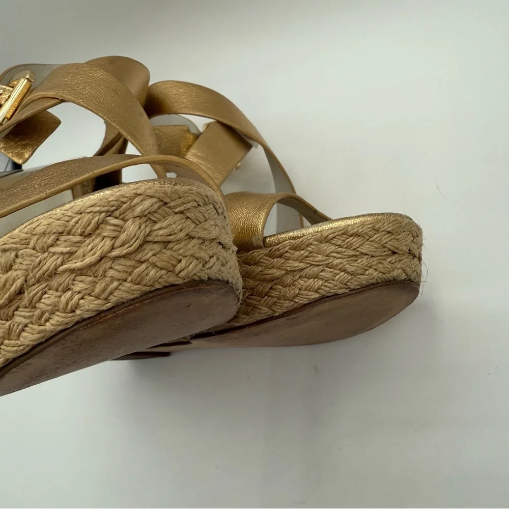 Michael Kors Metallic Gold Wedge-Platform Ankle Strap Espadrilles Size 11M - Picture 7 of 16
